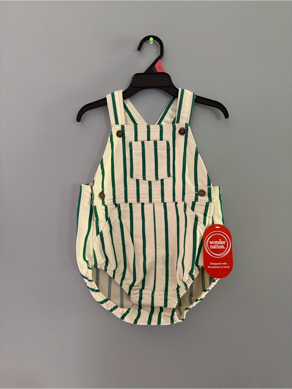 wonder nation Cream and Green Stripe Baby Overalls